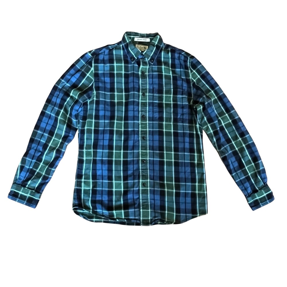 LL Bean Mens Small Slightly Fitted Flannel Shirt Blue Green Plaid Cotton 298167